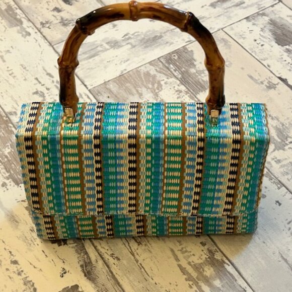 Colorful woven handbag with bamboo-type handle - Picture 1 of 3